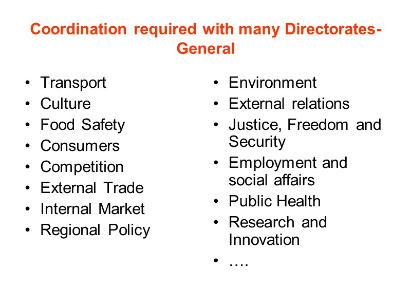 Coordination required with many Directorates-General Transport Culture Food Safety Consumers Competition External Trade Internal